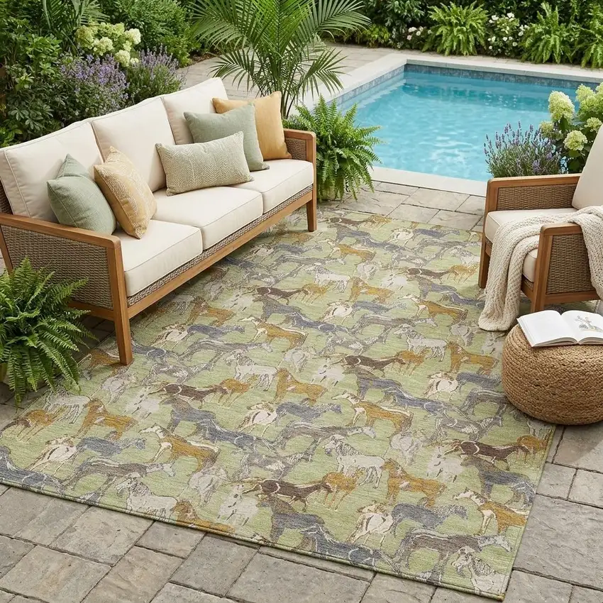Green And Beige Horse Washable Indoor Outdoor Area Rug Photo 1