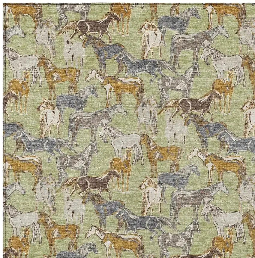 Green And Beige Horse Washable Indoor Outdoor Area Rug Photo 3