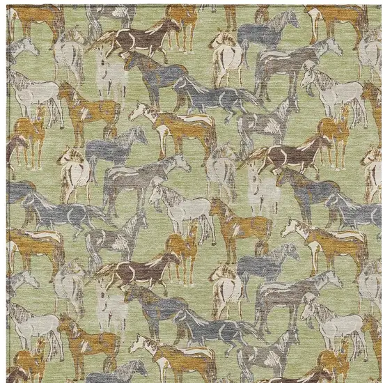Green And Beige Horse Washable Indoor Outdoor Area Rug Photo 3