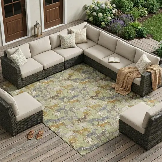 Green And Beige Horse Washable Indoor Outdoor Area Rug Photo 1