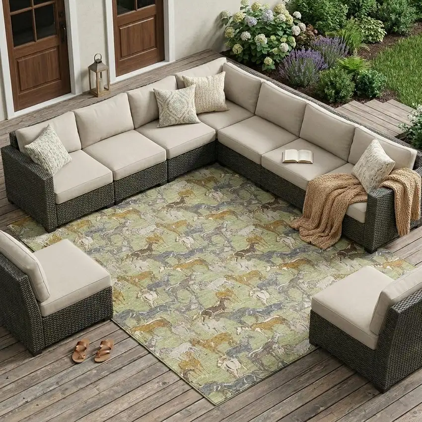 Green And Beige Horse Washable Indoor Outdoor Area Rug Photo 1