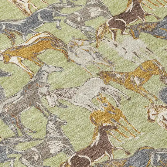 Green And Beige Horse Washable Indoor Outdoor Area Rug Photo 6