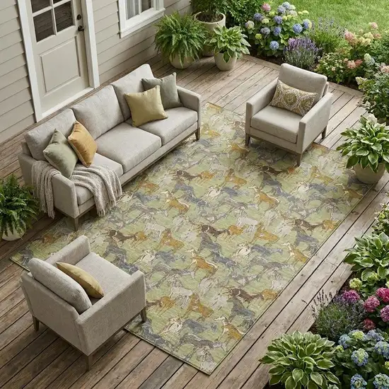 Green And Beige Horse Washable Indoor Outdoor Area Rug Photo 1