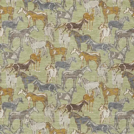 Green And Beige Horse Washable Indoor Outdoor Area Rug Photo 3
