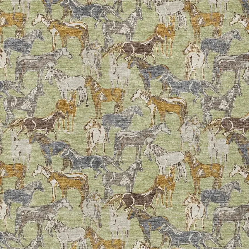 Green And Beige Horse Washable Indoor Outdoor Area Rug Photo 3