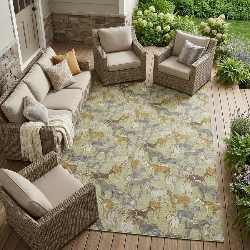 Green And Beige Horse Washable Indoor Outdoor Area Rug Photo 1