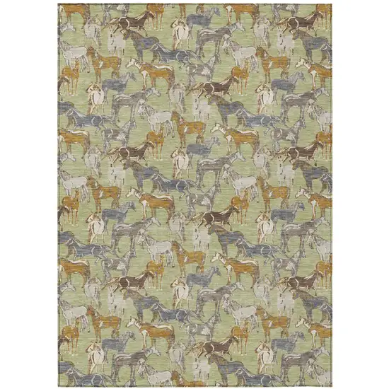 Green And Beige Horse Washable Indoor Outdoor Area Rug Photo 2