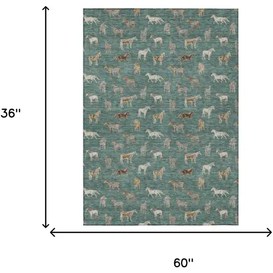 Green And Beige Horse Washable Indoor Outdoor Area Rug Photo 7