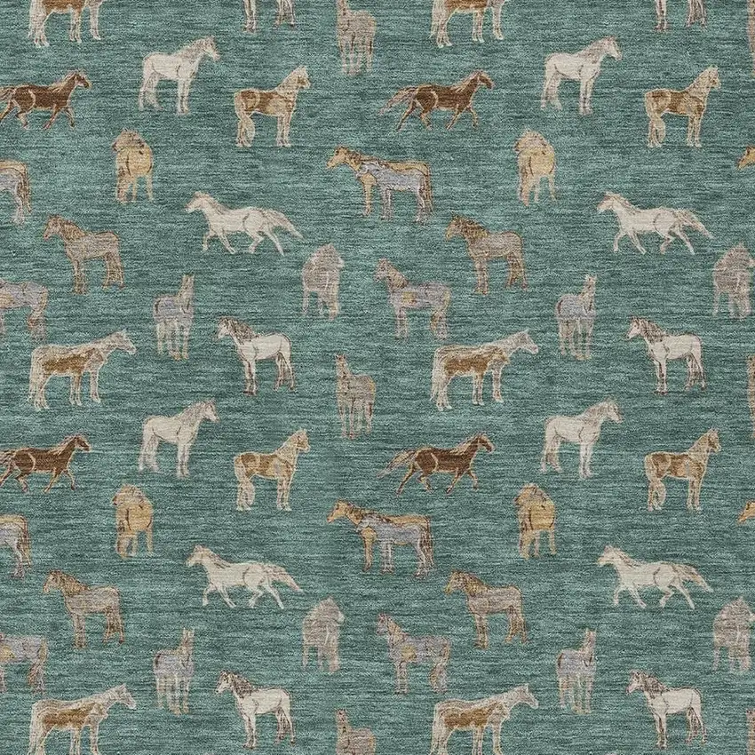 Green And Beige Horse Washable Indoor Outdoor Area Rug Photo 3