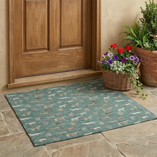 Green And Beige Horse Washable Indoor Outdoor Area Rug Photo 1