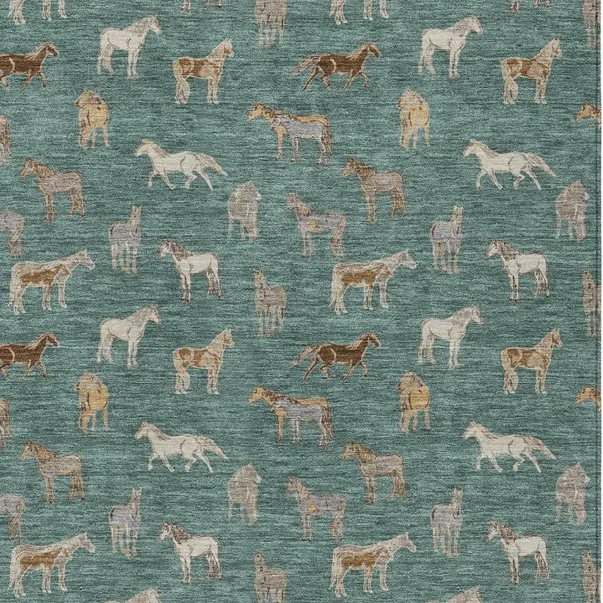 Green And Beige Horse Washable Indoor Outdoor Area Rug Photo 3