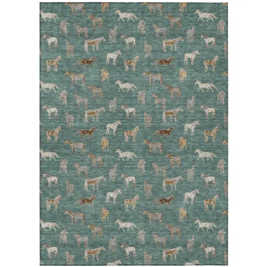 Green And Beige Horse Washable Indoor Outdoor Area Rug Photo 2