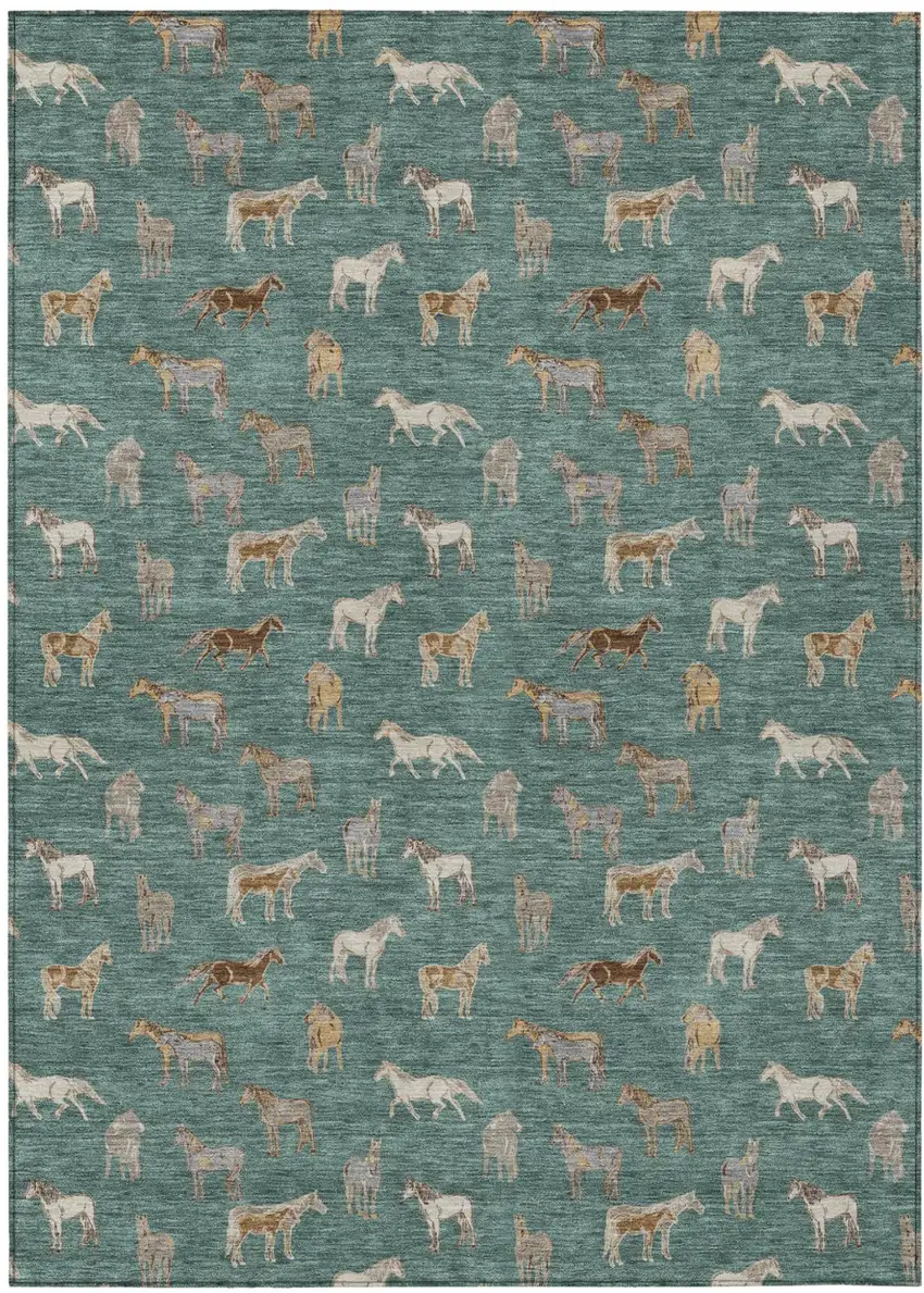 Green And Beige Horse Washable Indoor Outdoor Area Rug Photo 2