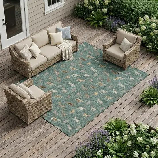 Green And Beige Horse Washable Indoor Outdoor Area Rug Photo 1