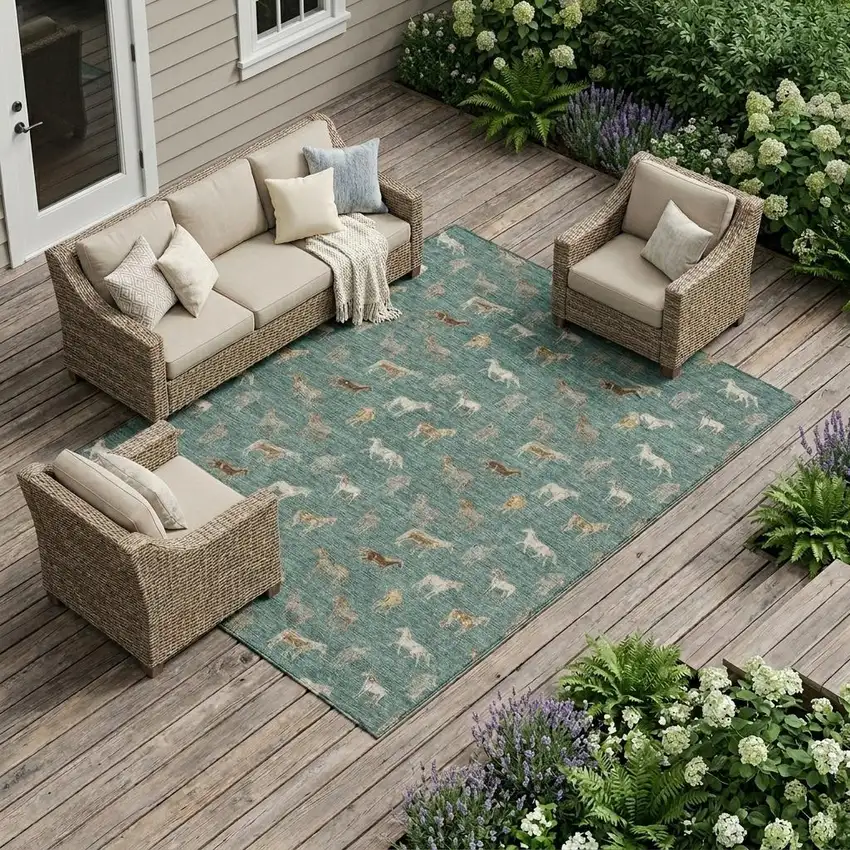 Green And Beige Horse Washable Indoor Outdoor Area Rug Photo 1