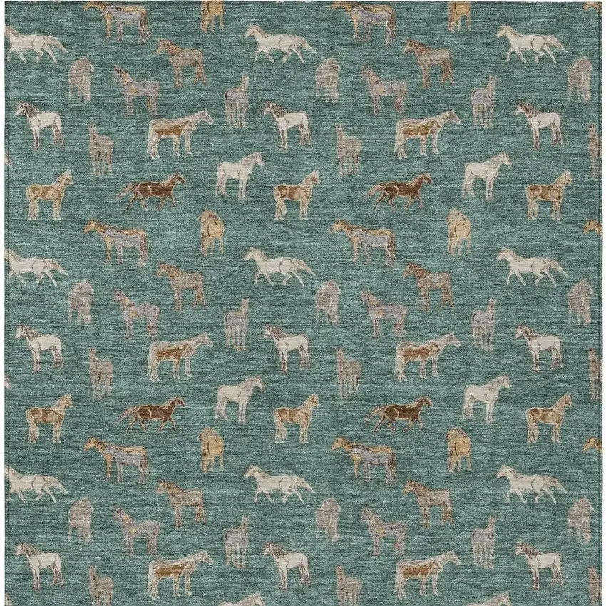 Green And Beige Horse Washable Indoor Outdoor Area Rug Photo 4