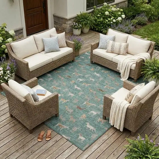 Green And Beige Horse Washable Indoor Outdoor Area Rug Photo 1