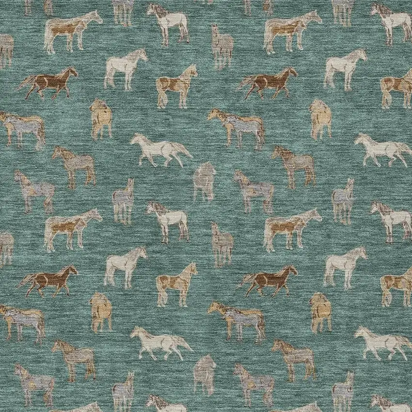 Green And Beige Horse Washable Indoor Outdoor Area Rug Photo 3