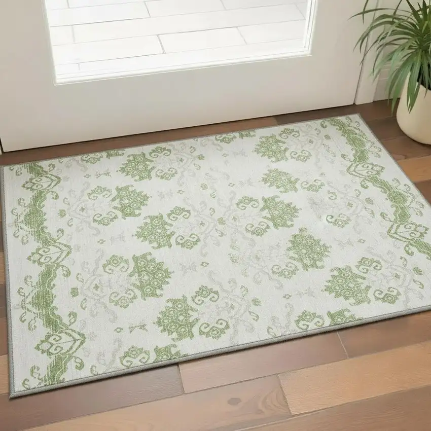 Green And Beige Medallion Washable Area Rug With UV Protection Photo 2