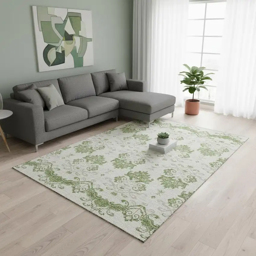 Green And Beige Medallion Washable Area Rug With UV Protection Photo 2