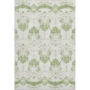 Photo of Green And Beige Medallion Washable Area Rug With UV Protection
