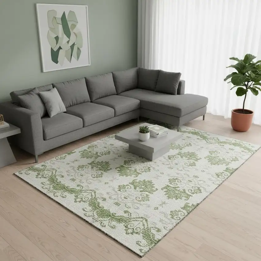 Green And Beige Medallion Washable Area Rug With UV Protection Photo 2