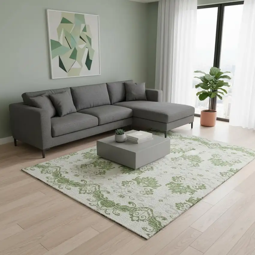 Green And Beige Medallion Washable Area Rug With UV Protection Photo 2