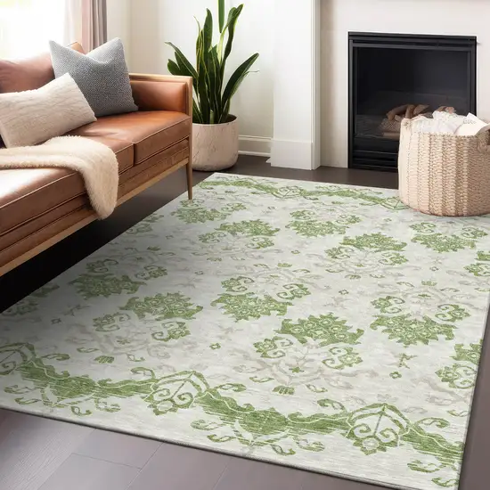 Green And Beige Medallion Washable Area Rug With UV Protection Photo 6