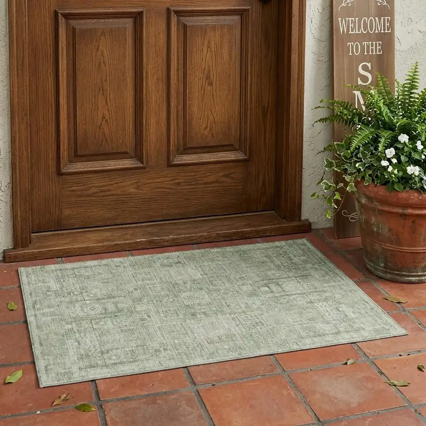 Green And Beige Oriental Washable Indoor Outdoor Area Rug Photo 1