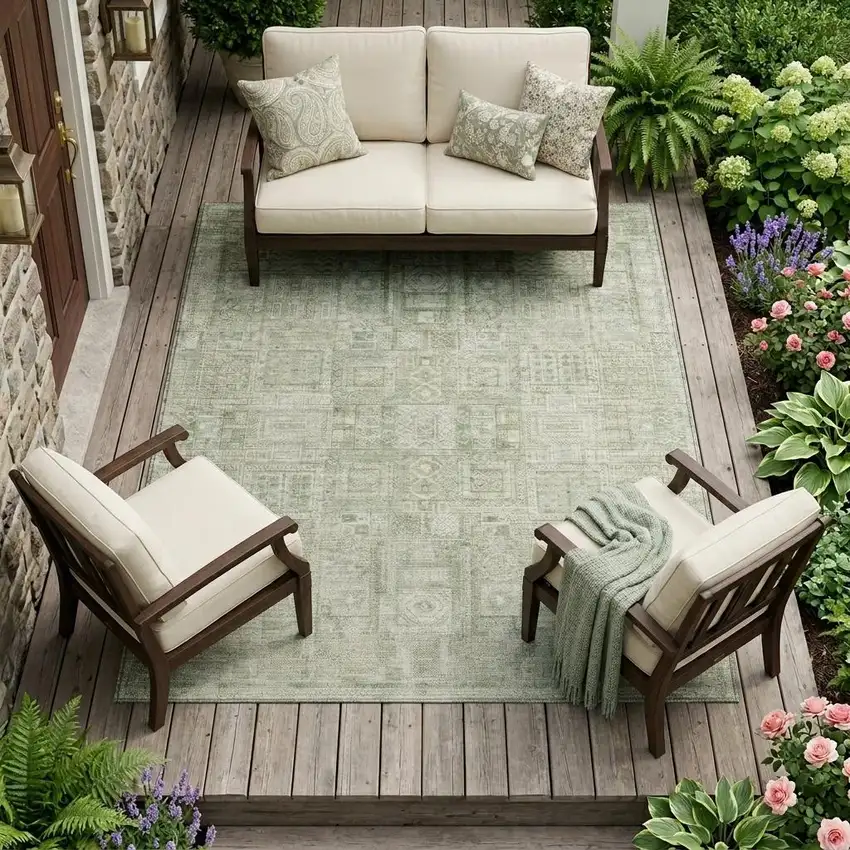 Green And Beige Oriental Washable Indoor Outdoor Area Rug Photo 1