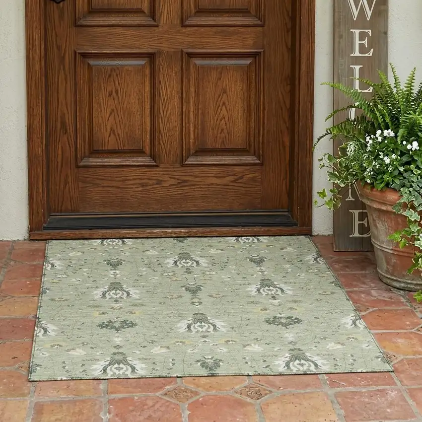 Green And Beige Oriental Washable Indoor Outdoor Area Rug Photo 1