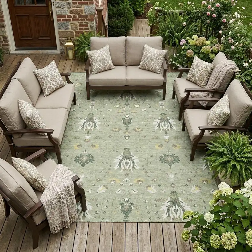 Green And Beige Oriental Washable Indoor Outdoor Area Rug Photo 1