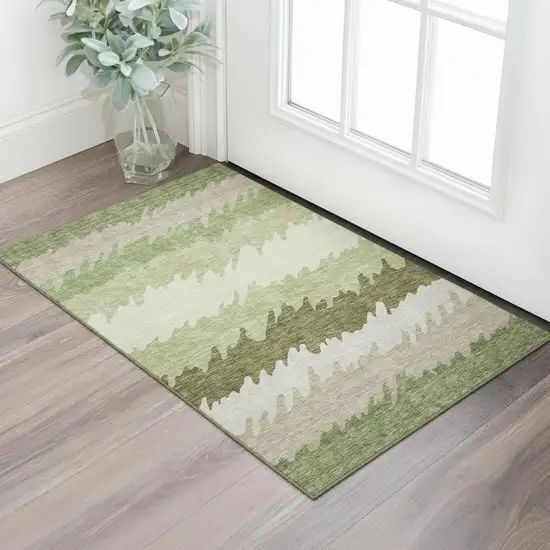 Green And Beige Striped Washable Area Rug With UV Protection Photo 1