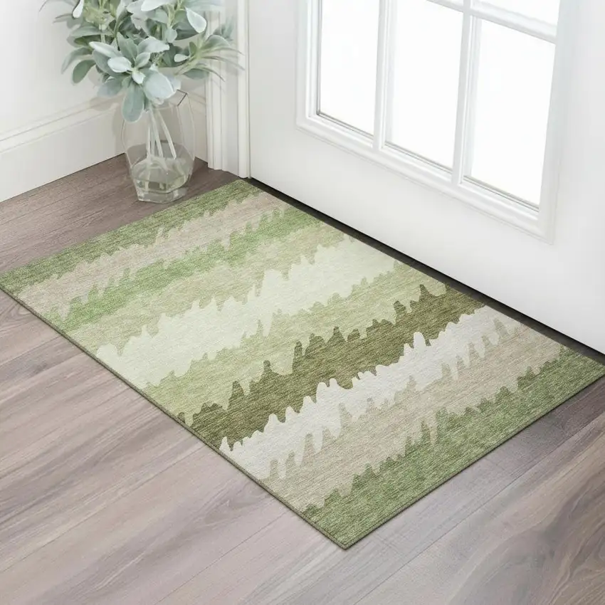 Green And Beige Striped Washable Area Rug With UV Protection Photo 1