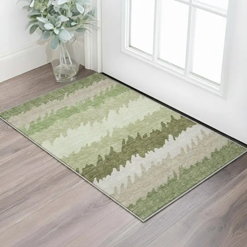 Green And Beige Striped Washable Area Rug With UV Protection Photo 2