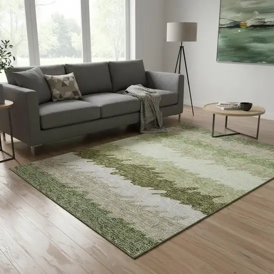 Green And Beige Striped Washable Area Rug With UV Protection Photo 2