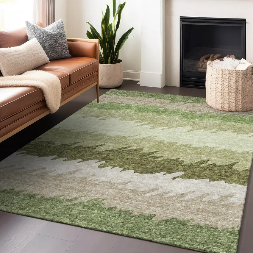 Green And Beige Striped Washable Area Rug With UV Protection Photo 5