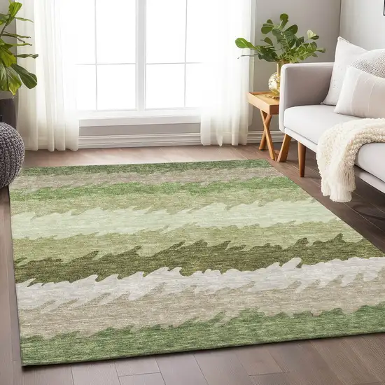 Green And Beige Striped Washable Area Rug With UV Protection Photo 4