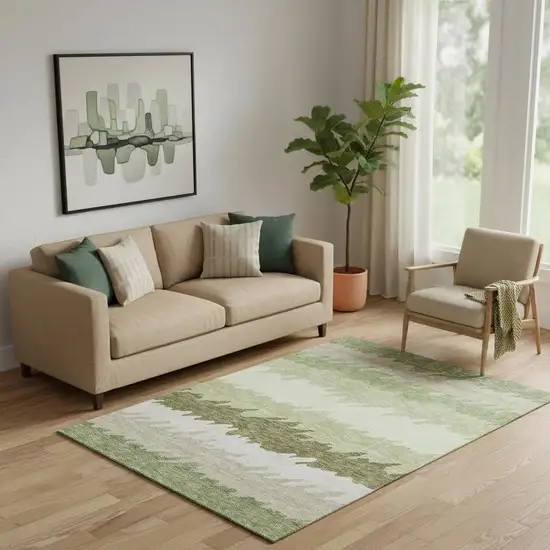 Green And Beige Striped Washable Area Rug With UV Protection Photo 1