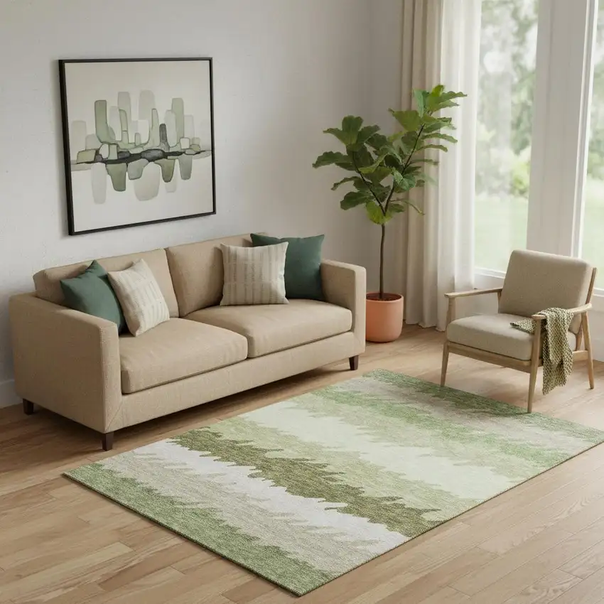 Green And Beige Striped Washable Area Rug With UV Protection Photo 1