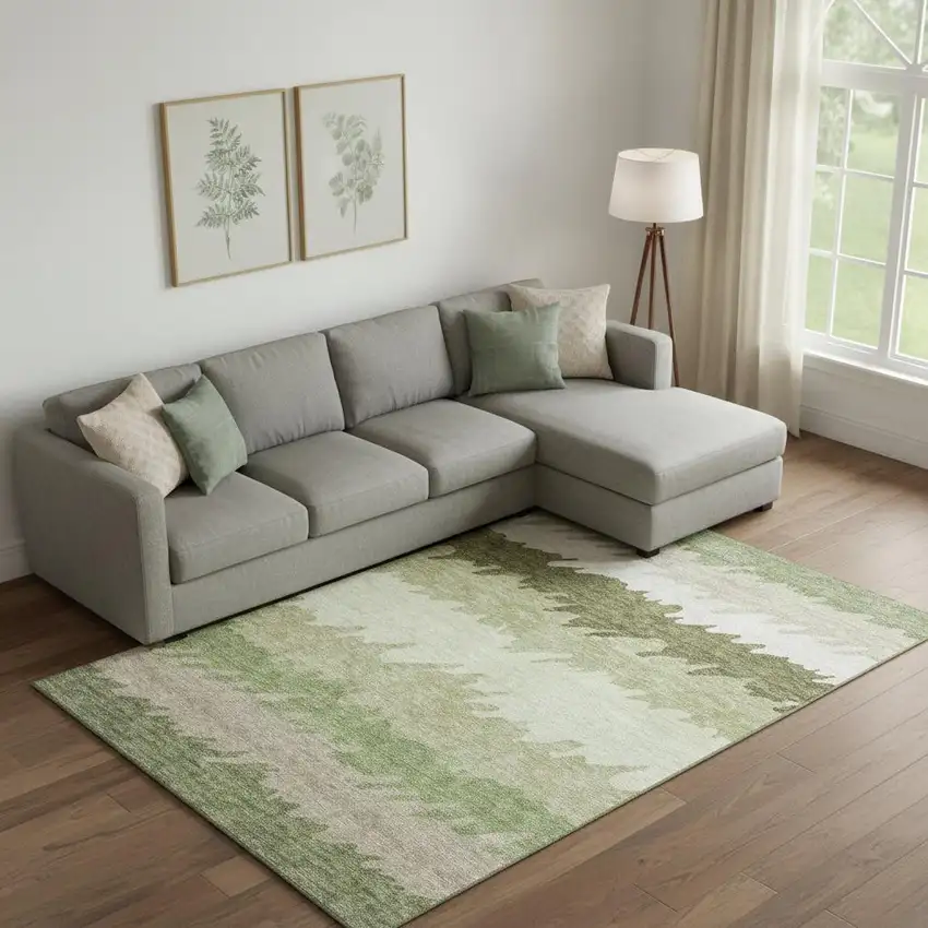 Green And Beige Striped Washable Area Rug With UV Protection Photo 1