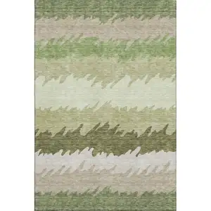 Photo of Green And Beige Striped Washable Area Rug With UV Protection