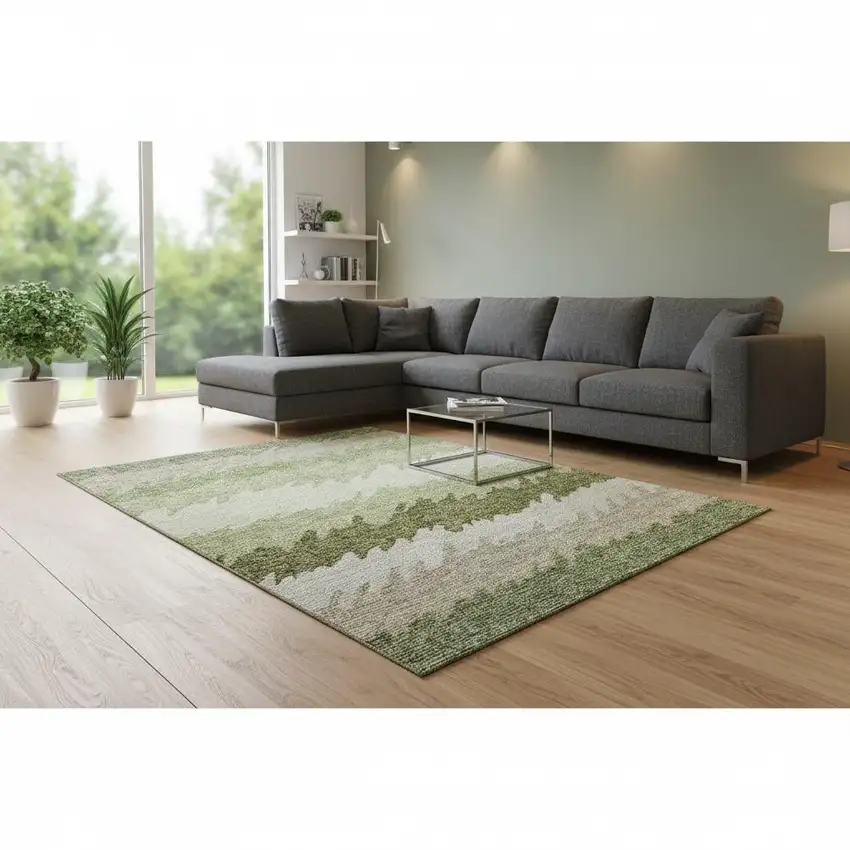 Green And Beige Striped Washable Area Rug With UV Protection Photo 2