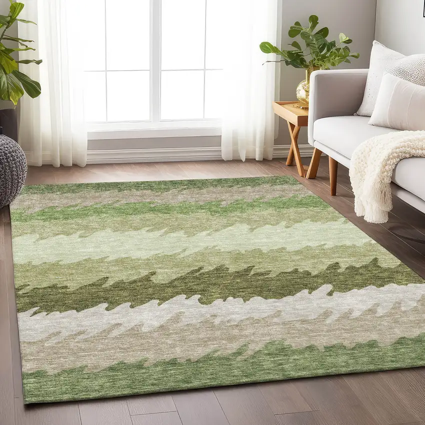 Green And Beige Striped Washable Area Rug With UV Protection Photo 5
