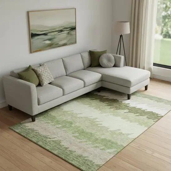 Green And Beige Striped Washable Area Rug With UV Protection Photo 1