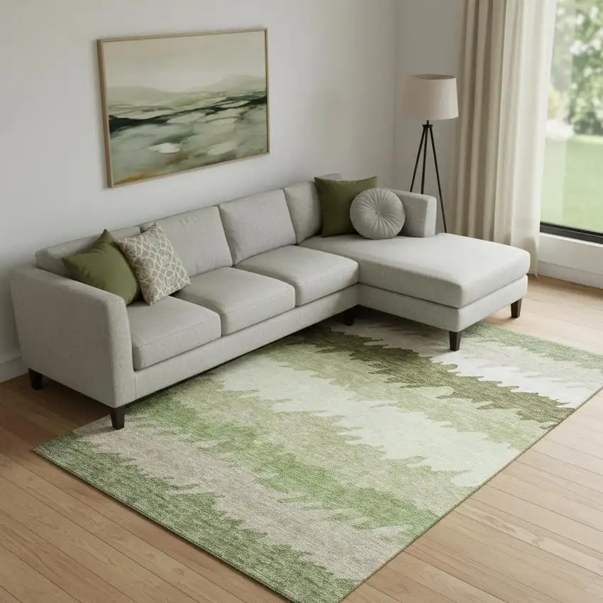 Green And Beige Striped Washable Area Rug With UV Protection Photo 1