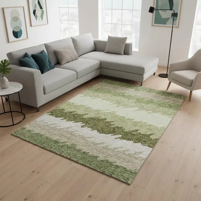 Green And Beige Striped Washable Area Rug With UV Protection Photo 2