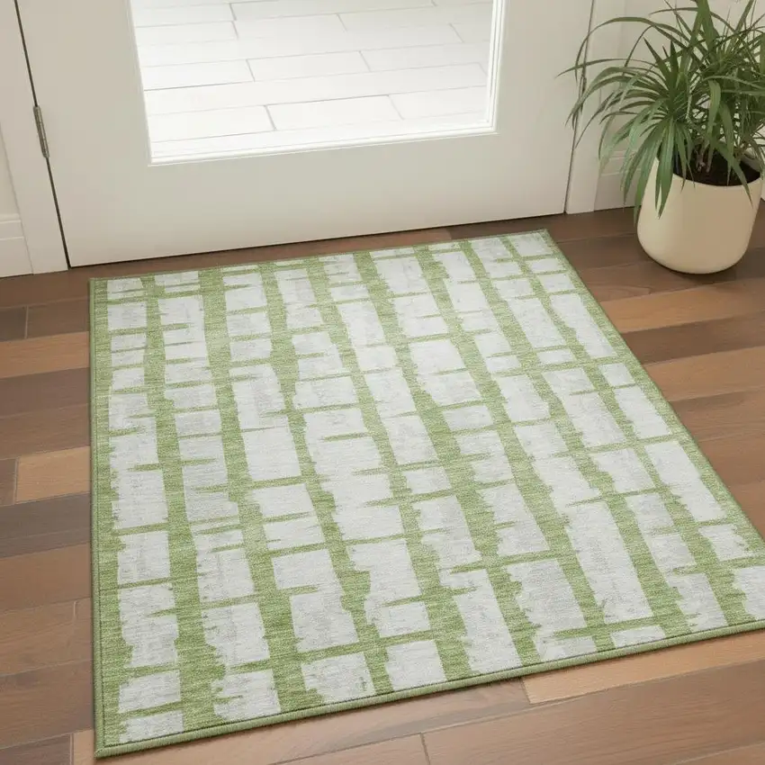 Green And Beige Striped Washable Area Rug With UV Protection Photo 2