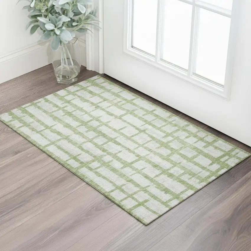 Green And Beige Striped Washable Area Rug With UV Protection Photo 2