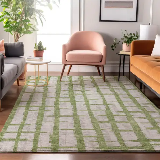 Green And Beige Striped Washable Area Rug With UV Protection Photo 5